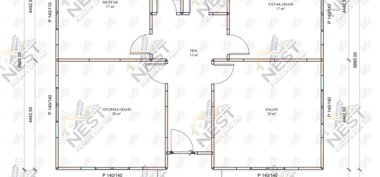 100m2 hafif çelik ev planı